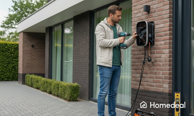Man installeert zelf een laadpaal thuis