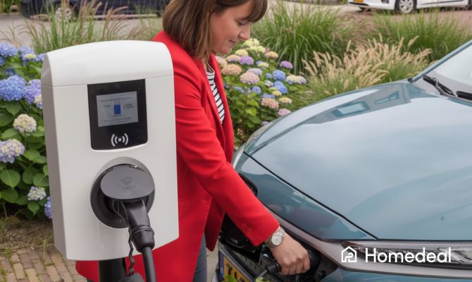 Vrouw zet haar auto aan laadpaal thuis